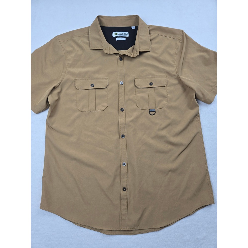 Tallwoods Mens Large L Tan Short Sleeve Button Up‎ Shirt Stretch Outdoor Camping